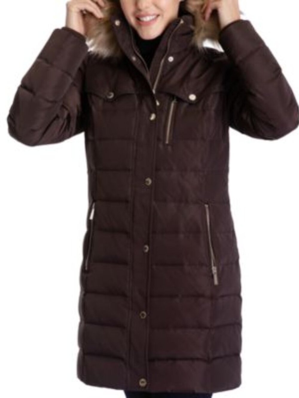 Michael Kors Long Brown Puffer Coat Faux Fur Hood XXL Quiet Luxury Winter